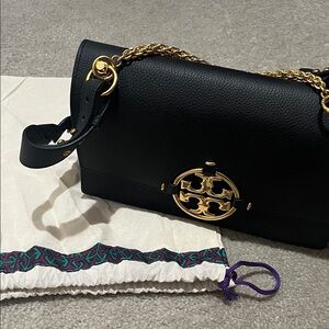 Tory Burch Black Leather Shoulder Bag with Gold Accents